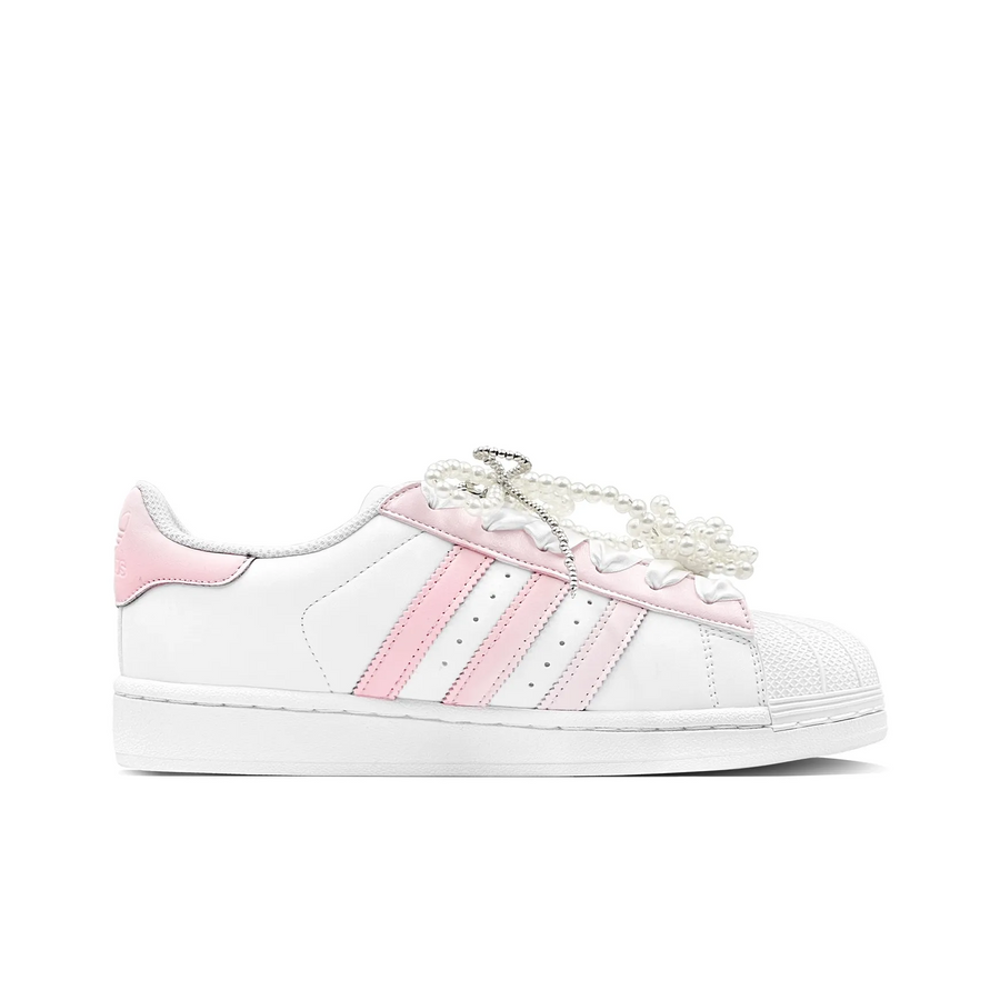 Custom Adidas Pink White Pearls Wedding Shoes