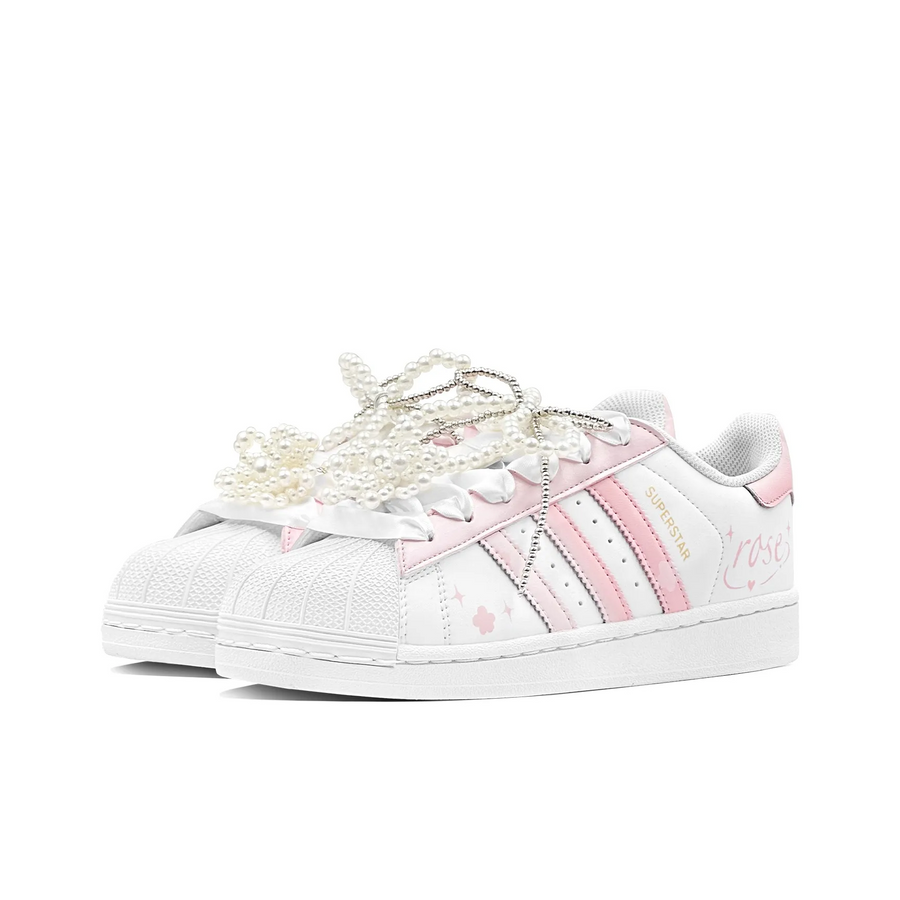 Custom Adidas Pink White Pearls Wedding Shoes