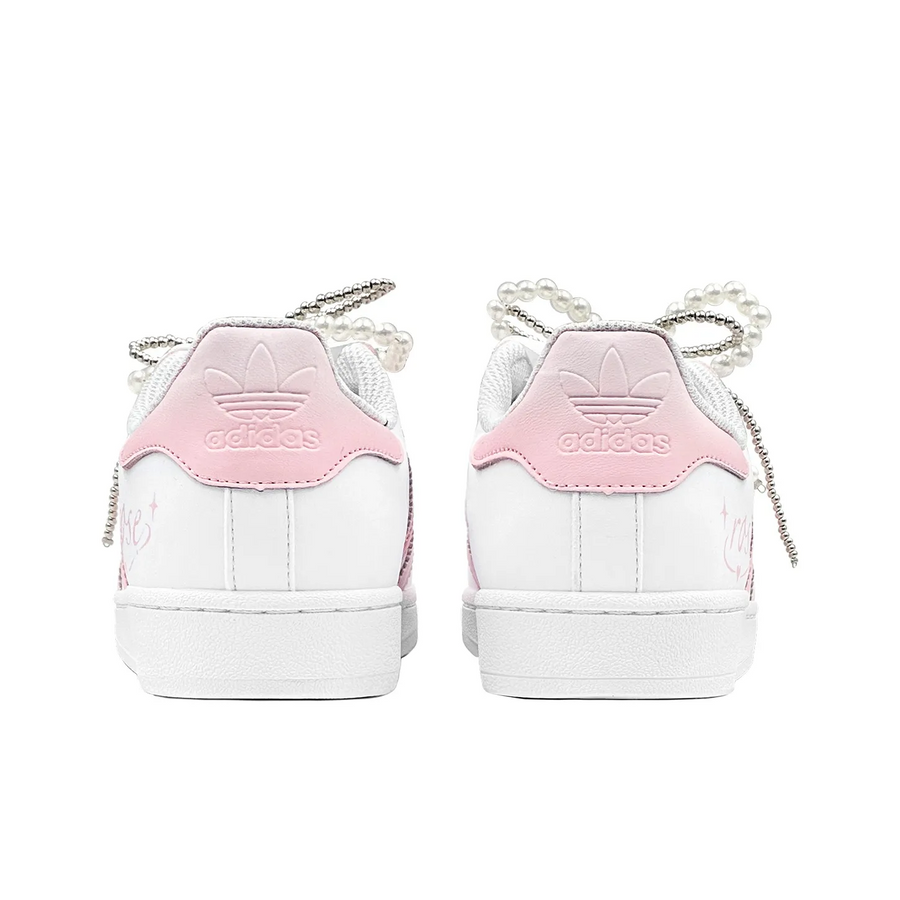 Custom Adidas Pink White Pearls Wedding Shoes