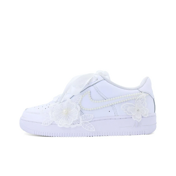 Custom Air Force 1 White Lace Flower Butterfly Pearls Wedding Shoes