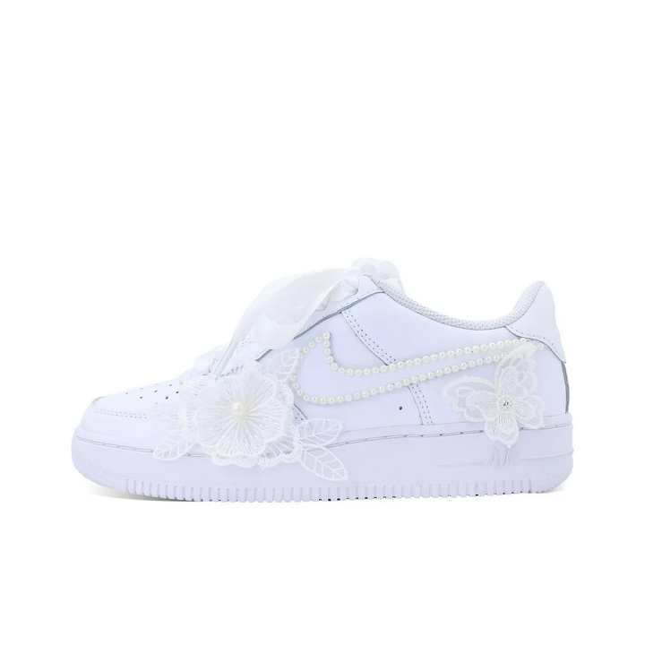Custom Air Force 1 White Lace Flower Butterfly Pearls Wedding Shoes